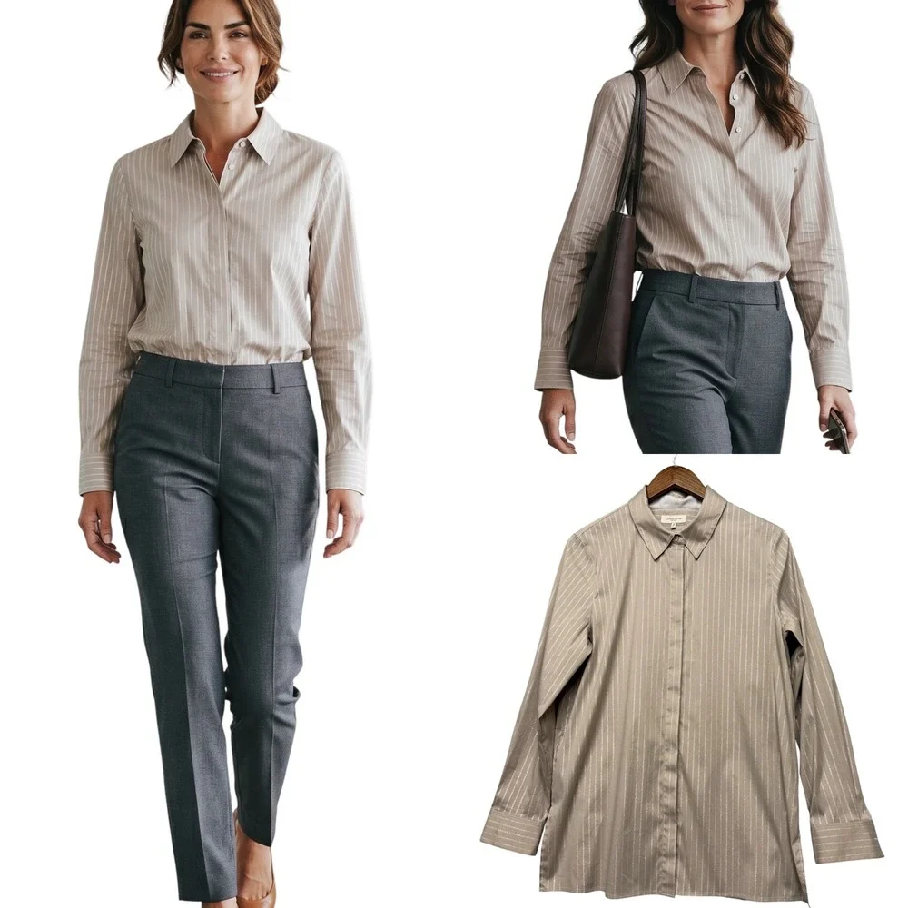 Lafayette 148 Button Down Top Womens L Taupe Pinstripe Minimalist Office Neutral - Picture 1 of 16